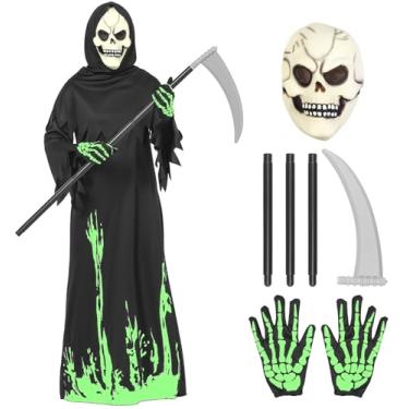 Imagem de ThinkMax Halloween Grim Reaper Costume for Boys Kids, Glow in the Dark Halloween Phantom Costume with Scythe (XL(12-14 Years))
