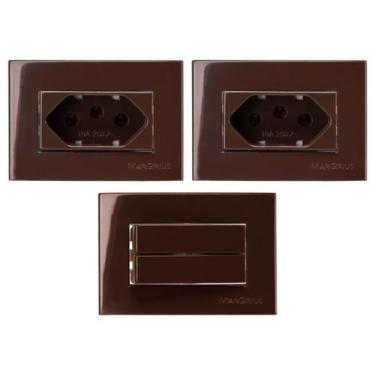 Imagem de 2 Tomada Móvel 3 Pinos 10a + Interruptor Duplo Marrom Embutir Painel M