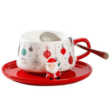 Imagem de J.Ehonace Conjunto de caneca e pires de café de cerâmica de Natal colorido com colher removível - Papai Noel, design de homem e estrela de gengibre, decoração de casa festiva e presente (decoração)