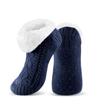 Imagem de UUMIAER Meias masculinas felpudas térmicas para inverno aconchegantes e antiderrapantes para pisos de azulejo, Azul marinho, 7-13