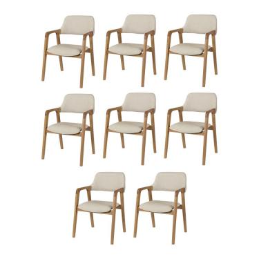 Imagem de Kit 8 Cadeiras De Jantar Ruth Estrutura Em Madeira Maciça Estilo Retrô Linho Bege Claro