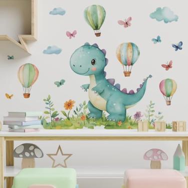 Imagem de ZARROUEA Adesivos de parede de safári de animais da selva pintados com desenho animado de dinossauro balão de ar quente borboleta adesivos de parede murais destacáveis e colados, removíveis, berçário