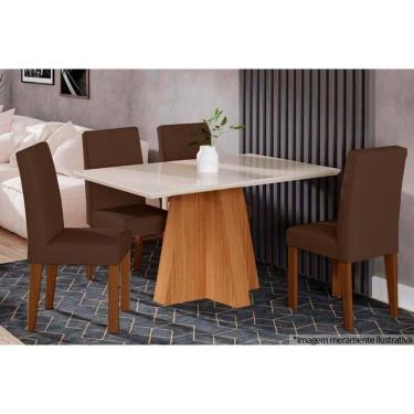 Imagem de Conjunto: Mesa de Cozinha Patricia c/ Tampo Madeirado c/ Vidro 130x80cm e 4 Cadeiras Milena Nature/Suede Joli Chocolate - Cimol