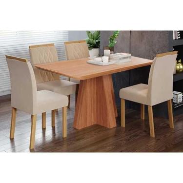 Imagem de Sala De Jantar Completa Maitê Tampo Madeirado 130x80cm E 4 Cadeiras Juliana Cinamomo - Carvalho/suede Nude Bege - Cimol