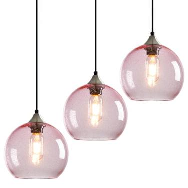 Imagem de LBSQJ Luzes pendentes de vidro rosa, ilha de cozinha, globo de iluminação, luminárias pendentes modernas para quarto, sala de jantar, luminária (20 cm, pacote com 3)