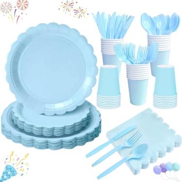 Imagem de Askljeby Conjunto descartável de pratos de papel azul claro com 175 peças, suprimentos de festa, inclui pratos e guardanapos recortados, talheres de plástico para chá de bebê, casamento, aniversário