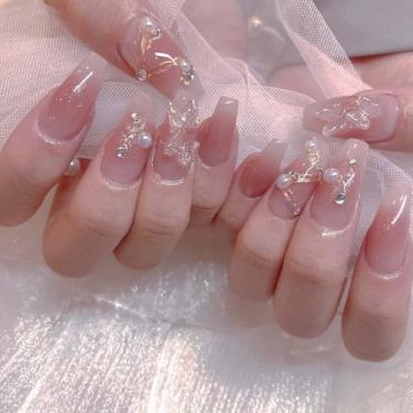 Imagem de POKENGDA Design de unhas postiças acrílicas de caixão, cola de unha incluída, unhas longas super brilhantes, reutilizáveis de acrílico francês, kit de unhas postiças diárias para mulheres
