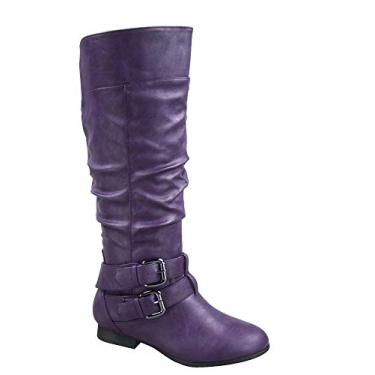 Imagem de TOP Moda Coco-20 Botas rasteiras femininas cano alto bico redondo fivela despojada, Roxa, 34