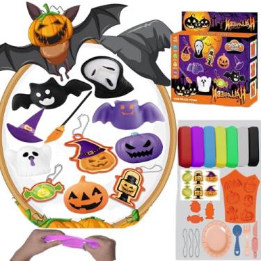 Imagem de Blingbrione Kits DIY de argila seca de Halloween para crianças, massa de doces de caveira de abóbora para meninas, meninos, artes e artesanato, artigos para festas de fim de ano, 7 cores de argila com
