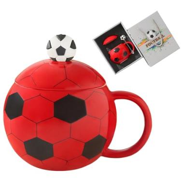 Imagem de Caneca de café de cerâmica exclusiva de 400 ml com tampa e colher, canecas engraçadas, presentes de futebol para treinadores, fãs e jogadores, xícaras esportivas legais de futebol, vermelho