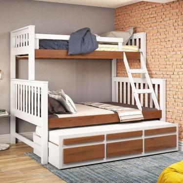 Imagem de Treliche com Cama de Casal com 3 Gavetas Madeira Maciça Móveis Saraiva Branco/Carvalho