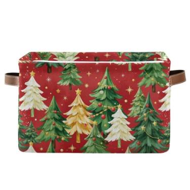 Imagem de Pfrewn Cesta de armazenamento de Natal, inverno, retrô, estrela, árvore de Natal, vermelha, dobrável, retangular, organizador de prateleira, cesto de armazenamento de livros de brinquedo para berçário