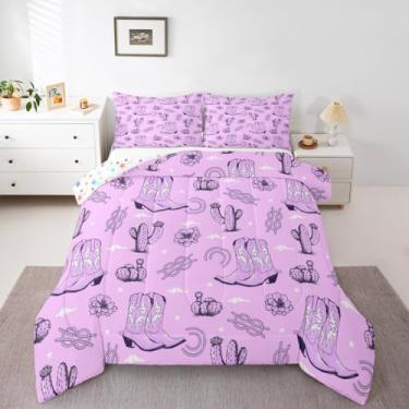 Imagem de Erosebridal Conjunto de edredom para meninas, vaqueira, roxo, sudoeste, casa de fazenda, para crianças, meninos, adolescentes, decoração de quarto, botas de ferradura rústica, edredom com 2 peças