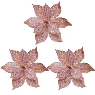 Imagem de Kit 3 Flores Bico De Papagaio Pick Natalino Glitter E Lantejoulas Rosê Luxo 30cm