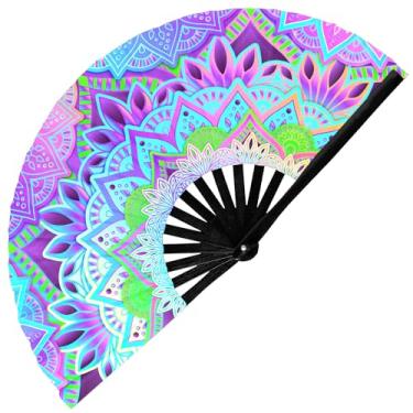 Imagem de GloFX Ventilador portátil UV Glow Mandala Rave - Design azul-petróleo, rosa, roxo e verde - Grande ventilador dobrável para moda festival, acessórios essenciais de rave para mulheres, ventilador de