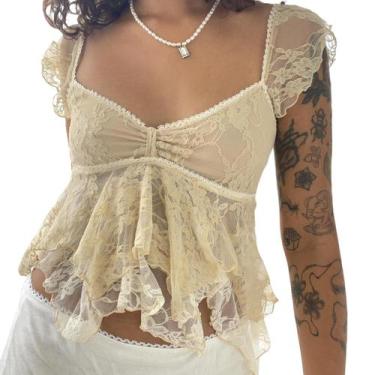 Imagem de Camiseta regata feminina de renda Usweetie, vintage, floral, transpare