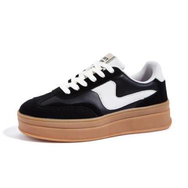 Imagem de Tênis de moda LUCKY STEP Platform femininos de couro preto/branco