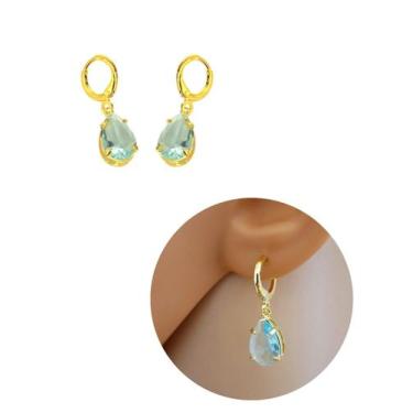 Imagem de Brinco Gota Cristal Azul Água Folheado Ouro 18k Antialérgico - MIXFOLH