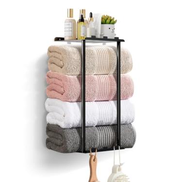 Imagem de KISENG Toalheiro para suporte de toalha de banheiro com prateleira e 6 ganchos de metal resistente, suporte de armazenamento de toalhas de 3 camadas, suporte de parede para armazenamento e organizador