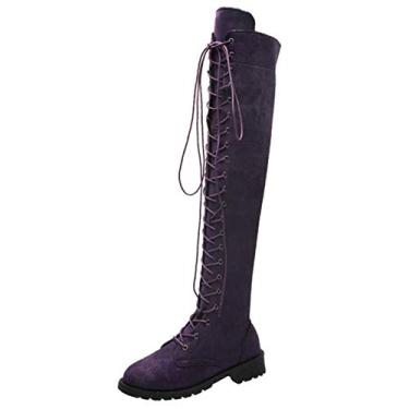 Imagem de Bigfanshu Botas femininas de inverno acima do joelho botas femininas sexy de outono com cadarço frontal salto quadrado sapatos plus size atléticos até o joelho clima frio e botas de pele, Roxo, 35 BR