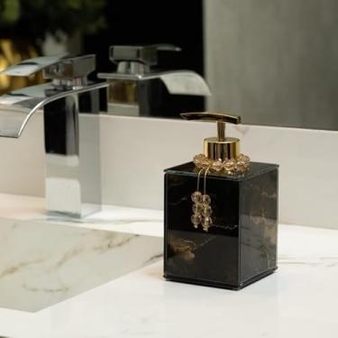 Imagem de Saboneteira Líquido 250ML Porta Sabonete Decorativo De Vidro EFEITO MÁRMORE Porta Álcool Gel Porta Sabonete Líquido (Preto e dourado com enfeite,Unid)