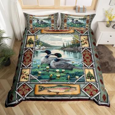 Imagem de Feelyou Jogo de cama king size com estampa de pato mallard, pesca e caça, para crianças, meninos, meninas, cabana no lago, decoração rústica, capa de edredom de microfibra macia e leve (sem enchimento
