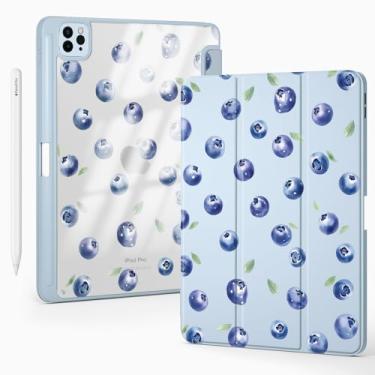 Imagem de BlHMCASE Linda capa Blueberry para iPad Air de 11 polegadas 7ª/6ª geração (M3/M2) 2025/2024 com suporte para lápis, hibernar/despertar automático, capa traseira de acrílico transparente de couro azul
