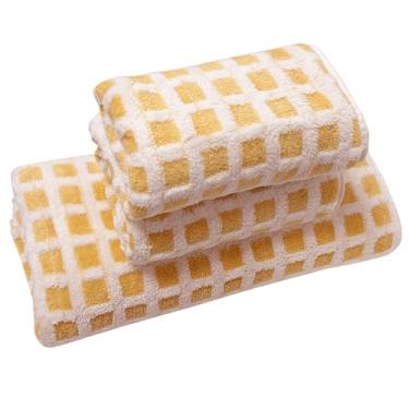 Imagem de USTIDE Conjunto clássico de toalhas de banho xadrez amarelo 3 peças de lã coral, ultra macio e absorvente decorativo 1 toalha de banho + 2 toalhas de mão para banheiro