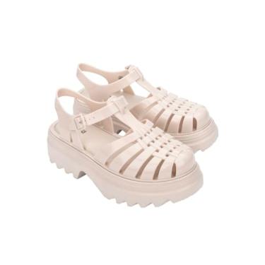 Imagem de Melissa Sandálias femininas Possession Platform II Jelly – Plataforma grossa clássica estilo pescador com tira ajustável no tornozelo, sola leve de EVA e tração antiderrapante, Bege, 35