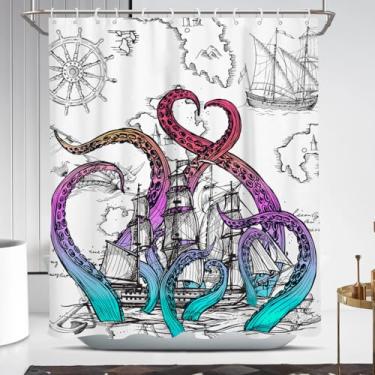 Imagem de Coxila Cortina de chuveiro colorida de polvo, náutico, litoral, oceano, praia, monstro, pirata, veleiro, Kraken, divertido, gótico, branco, vintage, para banheiro, 152 x 182 cm, tecido de poliéster