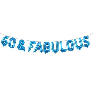 Imagem de 60 & Fabulous Banner de balão, decorações divertidas de festa com glitter multicolorido para artigos de decoração de festa de aniversário de 60 anos (60 e azul fabuloso)
