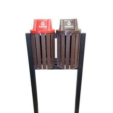 Imagem de Lixeira Dupla Redonda 1,15m-45L c/Tampa Madeira Plástica - LANCI