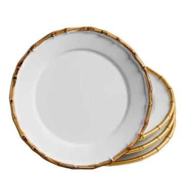 Imagem de Jogo 4 Prato Sobremesa de Cerâmica Branco Borda de Bambu Grossa 20cm F