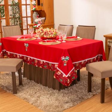 Imagem de Toalha de Mesa Retangular para 8 Lugares Avulsa Bordada Natalina 2,50m x 1,50m - Decoração Natal Festas Fim de Ano (Doce Natal Vermelho)