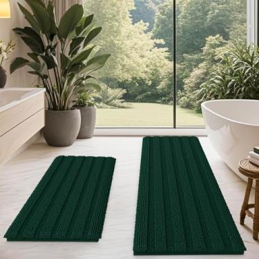 Imagem de ACCUMTEK Conjunto de tapete de banheiro verde escuro listrado 2 peças 81 x 50 cm + 152 cm x 50 cm ultramacio, tapetes de banho de chenille antiderrapantes, tapetes de banho felpudos absorventes para