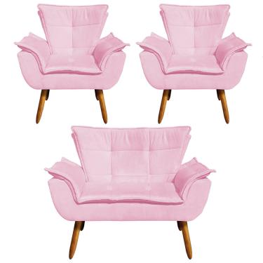 Imagem de Namoradeira e 2 Poltronas Pé Palito Castanho Opala Suede Rosa Bebê D03 - D'Rossi