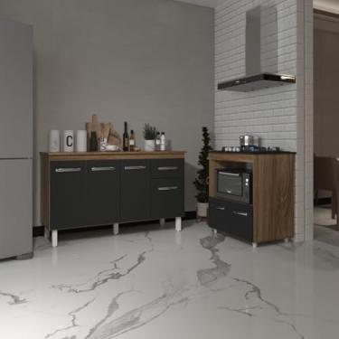 Imagem de Mobília Decor, Armário Gabinete Camila 138 cm com Tampo Tampão e Balcão Evelyn Para cooktop 4 Bocas Savana com Preto