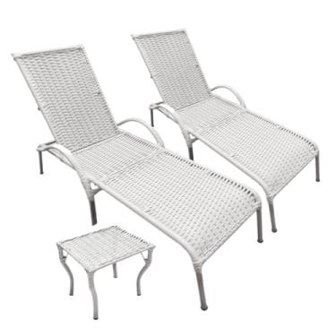 Imagem de Kit Espreguiçadeira com Mesa - 2 Cadeiras de Alumínio Reclináveis para Piscina, Praia e Varanda (Branco)