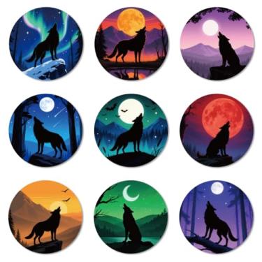Imagem de ANATTASOUL Conjunto de 9 porta-copos com padrão de lobo e lua porta-copos de madeira coloridos presente de inauguração de casa redonda para casa nova, proteção de mesa de centro decorativa de 9,9 cm