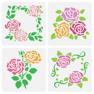 Imagem de 4 peças, 4 estilos, padrão de rosa de junho, estênceis de pintura vazada PET, 15 x 15 cm, planta floral, rosa, videira, canto, estêncil, desenho para scrapbook, álbum de fotos, pintura na parede, chão