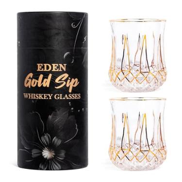 Imagem de EDENSDECOR Conjunto de 2 copos de uísque dourados em caixa de presente para vodka escocesa bourbon, presente exclusivo para pai, homens, marido
