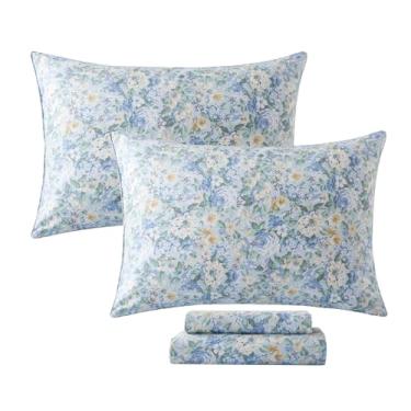 Imagem de FADFAY Jogo de lençol solteiro 100% algodão, 4 peças, azul e amarelo, lençol de cima e 2 fronhas, lençol de cima e 2 fronhas, roupa de cama floral para todas as estações