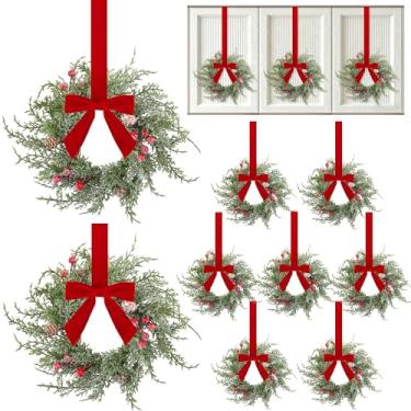 Imagem de Aneco 12 peças de guirlanda de Natal de 25 cm, mini guirlandas de armário de cozinha de Natal com laço de veleto vermelho, pequenas guirlandas artificiais penduradas para porta, janela, cadeira