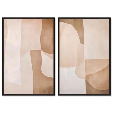 Imagem de Conjunto de 2 painéis de geometria neutra de luxo arte de parede para sala de estar por Art Remedy, moldura preta, 50 x 76 cm