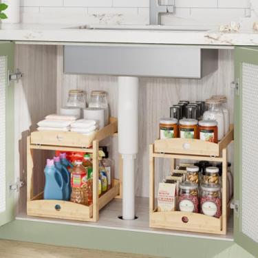 Imagem de LONTAI Organizador de madeira de bambu embaixo da pia, pacote com 2, organizador de armário com 2 camadas, organizadores embaixo da pia e armazenamento com gaveta deslizante, resistente e fácil de