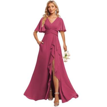 Imagem de Vestido de dama de honra Deamify com decote em V fúcsia A Line Chiffon