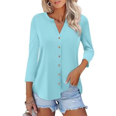 Imagem de Camiseta feminina ORANDESIGNE, manga 3/4, decote em V, com botões, azu