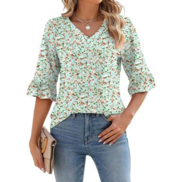 Imagem de Blusa feminina de verão com ilhós de manga 3/4 Top LOMON verde M