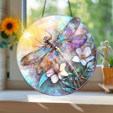 Imagem de Acrílico colorido Suncatcher, apanhador de sol estilo vitral impresso libélula com reflexos de arco-íris, decoração de janela suspensa, decoração de parede, ornamentos de Natal para uso interno e