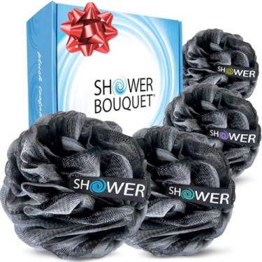 Imagem de SHOWER BOUQUET Loofah-Charcoal Bath Sponge-4-Pack // Extra-Grande 75g Malha Macia Bufa Lufa Lufa Luffa Puff Set/Esfoliante Corporal Esfoliante para Mulheres e Homens - Esfoliar e Acalmar Rosto e Corpo
